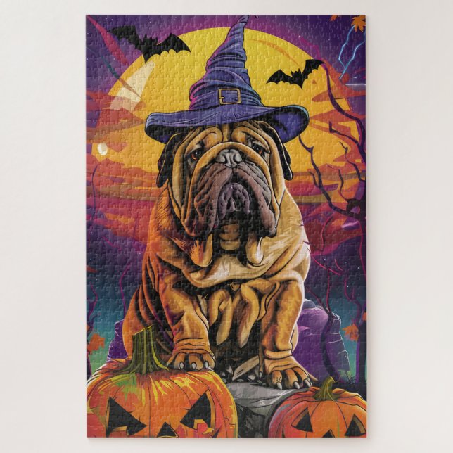 Spooky Shar Pei Dog Halloween Witch And Pumpkin Jigsaw Puzzle (Vertical)