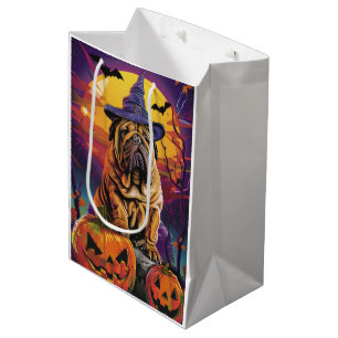 Spooky Shar Pei Dog Halloween Witch And Pumpkin Medium Gift Bag
