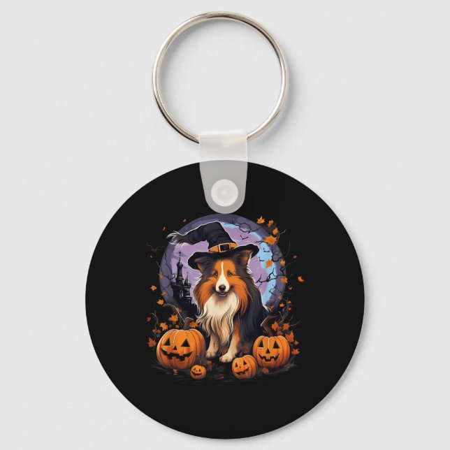 Spooky Sheltie Dog Witch Halloween Key Ring (Front)