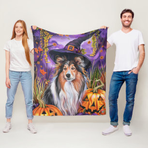 Spooky Shetland Sheepdog Halloween Witch Pumpkin Fleece Blanket