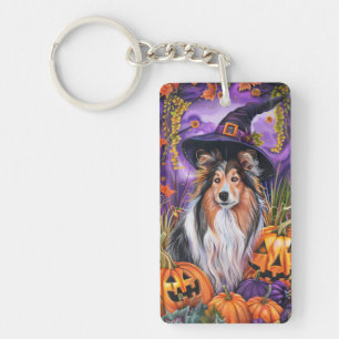 Spooky Shetland Sheepdog Halloween Witch Pumpkin Key Ring