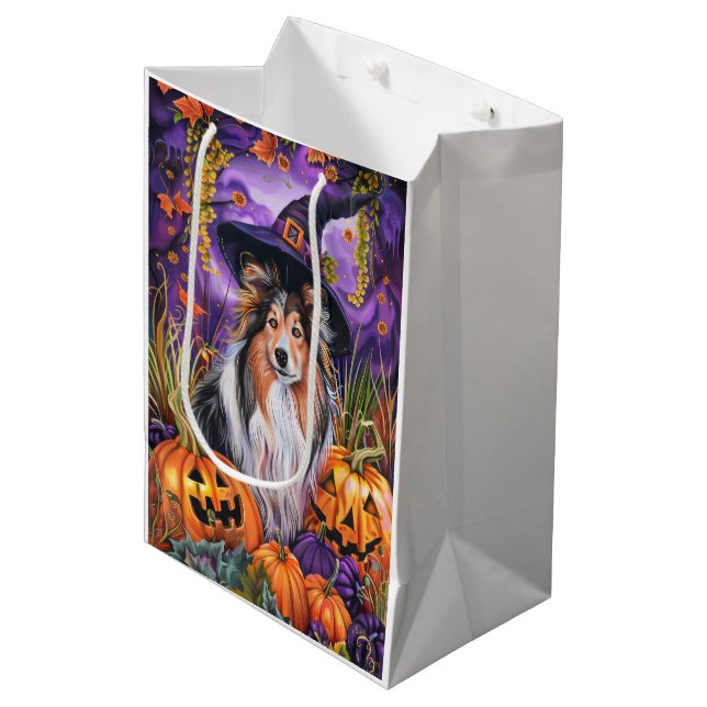 Spooky Shetland Sheepdog Halloween Witch Pumpkin Medium Gift Bag (Front Angled)