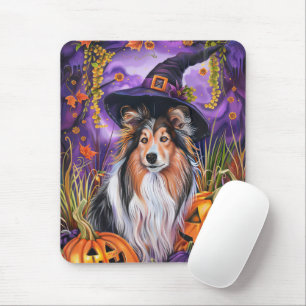 Spooky Shetland Sheepdog Halloween Witch Pumpkin Mouse Mat