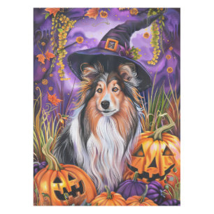 Spooky Shetland Sheepdog Halloween Witch Pumpkin Tablecloth