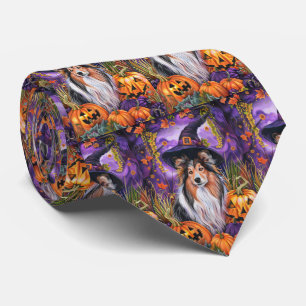 Spooky Shetland Sheepdog Halloween Witch Pumpkin Tie