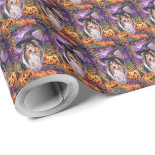 Spooky Shetland Sheepdog Halloween Witch Pumpkin Wrapping Paper