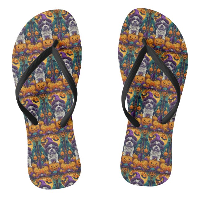 Spooky Shih Tzu Dog Halloween Witch And Pumpkin  Flip Flops (Footbed)