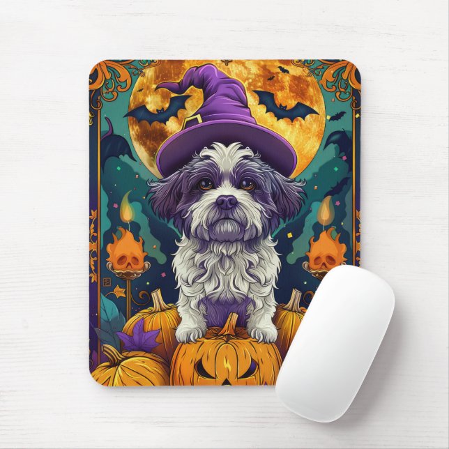 Spooky Shih Tzu Dog Halloween Witch And Pumpkin  Mouse Mat (With Mouse)