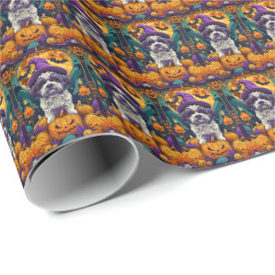 Spooky Shih Tzu Dog Halloween Witch And Pumpkin Wrapping Paper