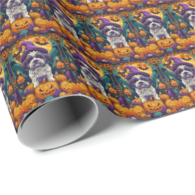 Spooky Shih Tzu Dog Halloween Witch And Pumpkin  Wrapping Paper (Roll Corner)