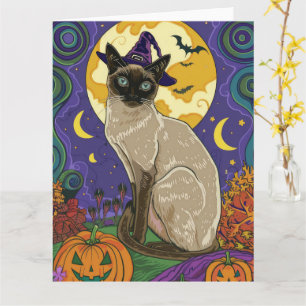 Spooky Siamese Cat Halloween Witch And Pumpkin Card