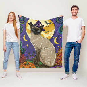 Spooky Siamese Cat Halloween Witch And Pumpkin Fleece Blanket