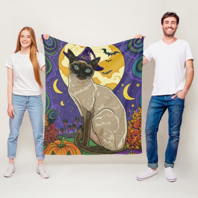 Spooky Siamese Cat Halloween Witch And Pumpkin Fleece Blanket (In Situ)
