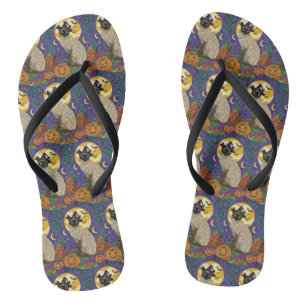 Spooky Siamese Cat Halloween Witch And Pumpkin Flip Flops