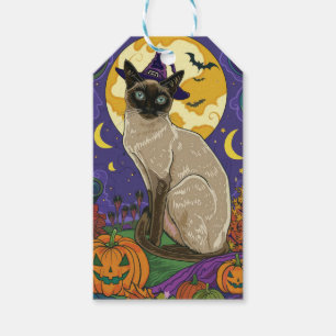 Spooky Siamese Cat Halloween Witch And Pumpkin Gift Tags