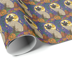 Spooky Siamese Cat Halloween Witch And Pumpkin Wrapping Paper