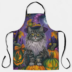 Spooky Siberian Cat Halloween Witch And Pumpkin Apron