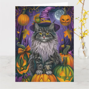Spooky Siberian Cat Halloween Witch And Pumpkin Card