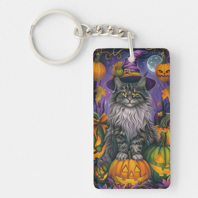 Spooky Siberian Cat Halloween Witch And Pumpkin Key Ring (Front)