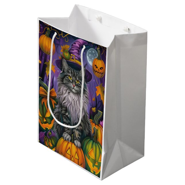 Spooky Siberian Cat Halloween Witch And Pumpkin Medium Gift Bag (Front Angled)