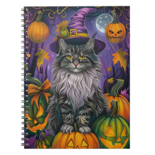 Spooky Siberian Cat Halloween Witch And Pumpkin Notebook