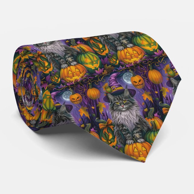 Spooky Siberian Cat Halloween Witch And Pumpkin Tie (Rolled)