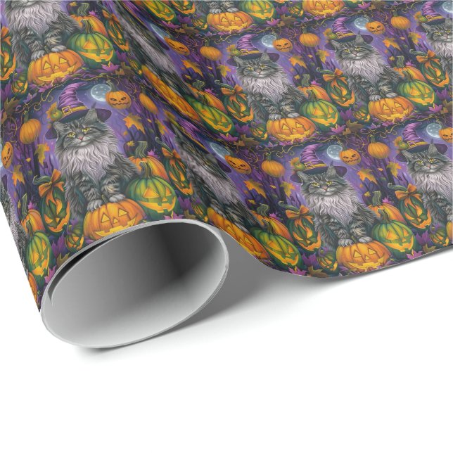 Spooky Siberian Cat Halloween Witch And Pumpkin Wrapping Paper (Roll Corner)
