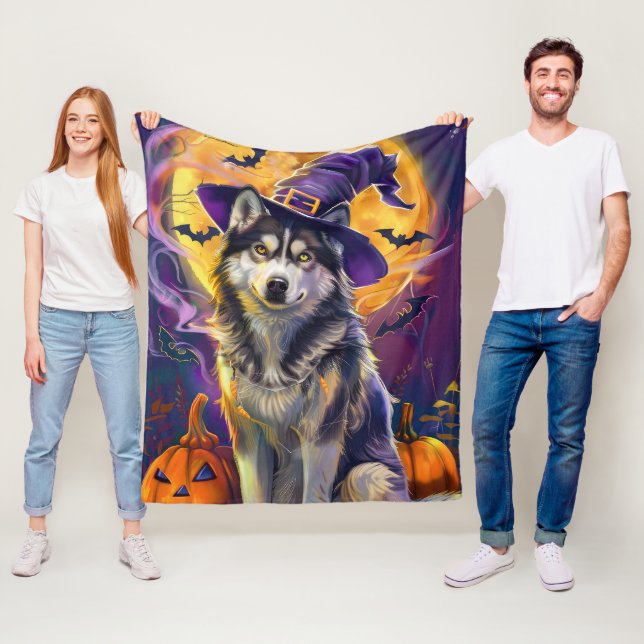Spooky Siberian Husky Dog Halloween Witch Pumpkin  Fleece Blanket (In Situ)