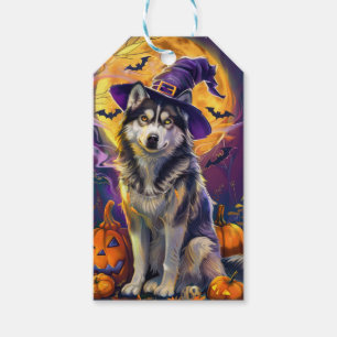Spooky Siberian Husky Dog Halloween Witch Pumpkin Gift Tags