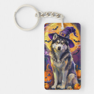 Spooky Siberian Husky Dog Halloween Witch Pumpkin  Key Ring