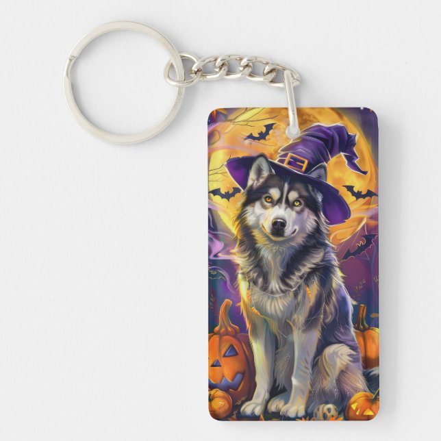 Spooky Siberian Husky Dog Halloween Witch Pumpkin  Key Ring (Front)