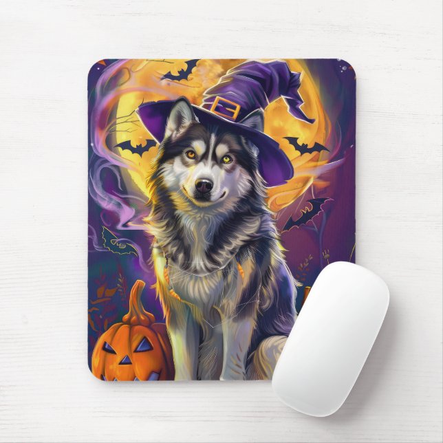 Spooky Siberian Husky Dog Halloween Witch Pumpkin  Mouse Mat (With Mouse)