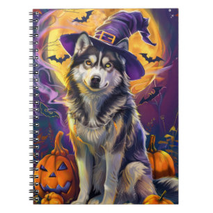 Spooky Siberian Husky Dog Halloween Witch Pumpkin Notebook