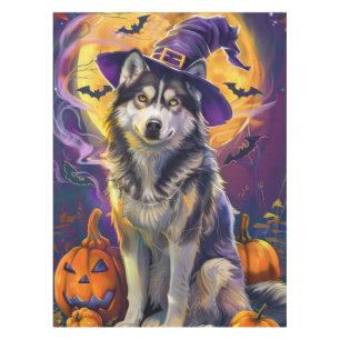 Spooky Siberian Husky Dog Halloween Witch Pumpkin Tablecloth
