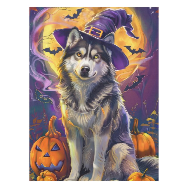 Spooky Siberian Husky Dog Halloween Witch Pumpkin  Tablecloth (Front)