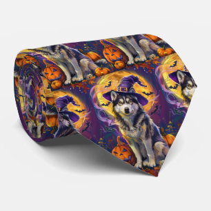 Spooky Siberian Husky Dog Halloween Witch Pumpkin  Tie