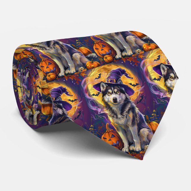 Spooky Siberian Husky Dog Halloween Witch Pumpkin  Tie (Rolled)