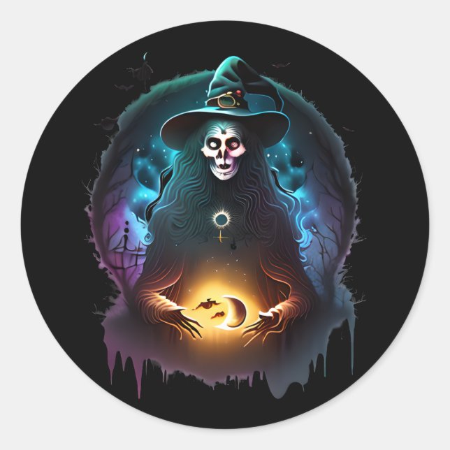 Spooky Sinister Witch At Night Classic Round Sticker (Front)