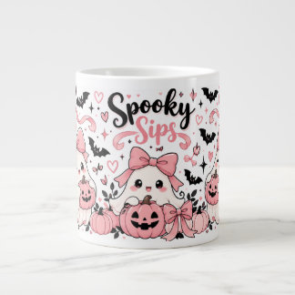 Spooky Sips Pink Coquette Halloween Ghosts Bows an Large Coffee Mug