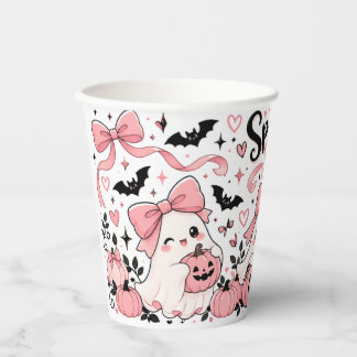 Spooky Sips Pink Coquette Halloween Ghosts Bows an Paper Cups