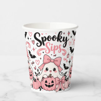 Spooky Sips Pink Coquette Halloween Ghosts Bows an Paper Cups