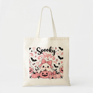 Spooky Sips Pink Coquette Halloween Ghosts Bows Tote Bag