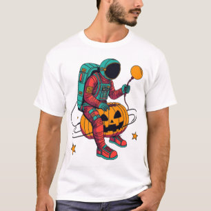 Spooky Skeleton Astronaut on Pumpkin T-Shirt Cut