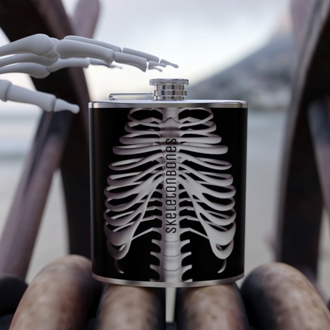 Spooky Skeleton Bones Rib Cage Classic Halloween Hip Flask (Ghoulishly cool Flask with a bony Rib Cage, just the thing to channel your inner skeleton! )