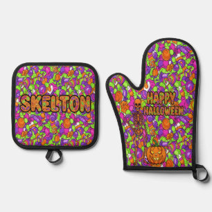 Spooky Skeleton Candy Party Pattern Halloween Oven Mitt & Pot Holder Set