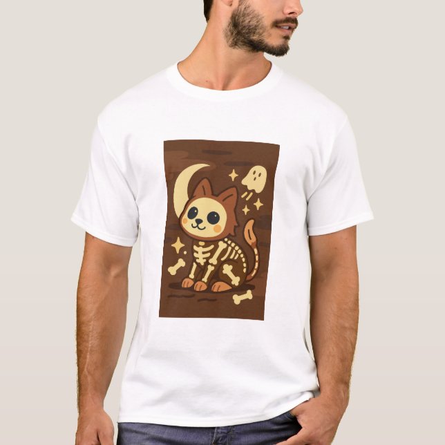 Spooky Skeleton Cat and Ghost T-Shirt (Front)
