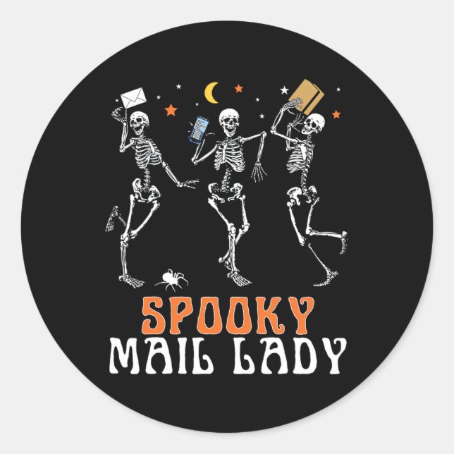 Spooky Skeleton Dancing Mail Lady Postal Worker Ha Classic Round Sticker (Front)