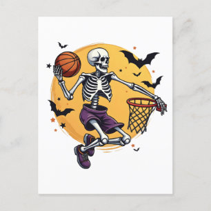 Spooky Skeleton Dunking Basketball Graveyard Hallo Invitation Postcard