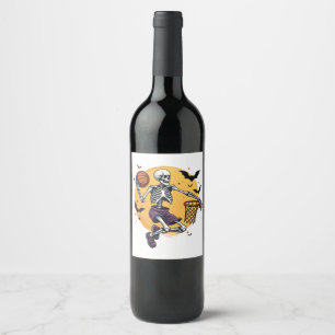 Spooky Skeleton Dunking Basketball Graveyard Hallo Wine Label