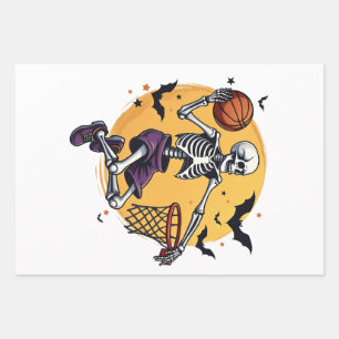 Spooky Skeleton Dunking Basketball Graveyard Hallo Wrapping Paper Sheet